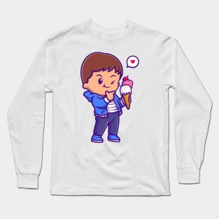 Cute Boy Holding Ice Cream Cartoon Long Sleeve T-Shirt